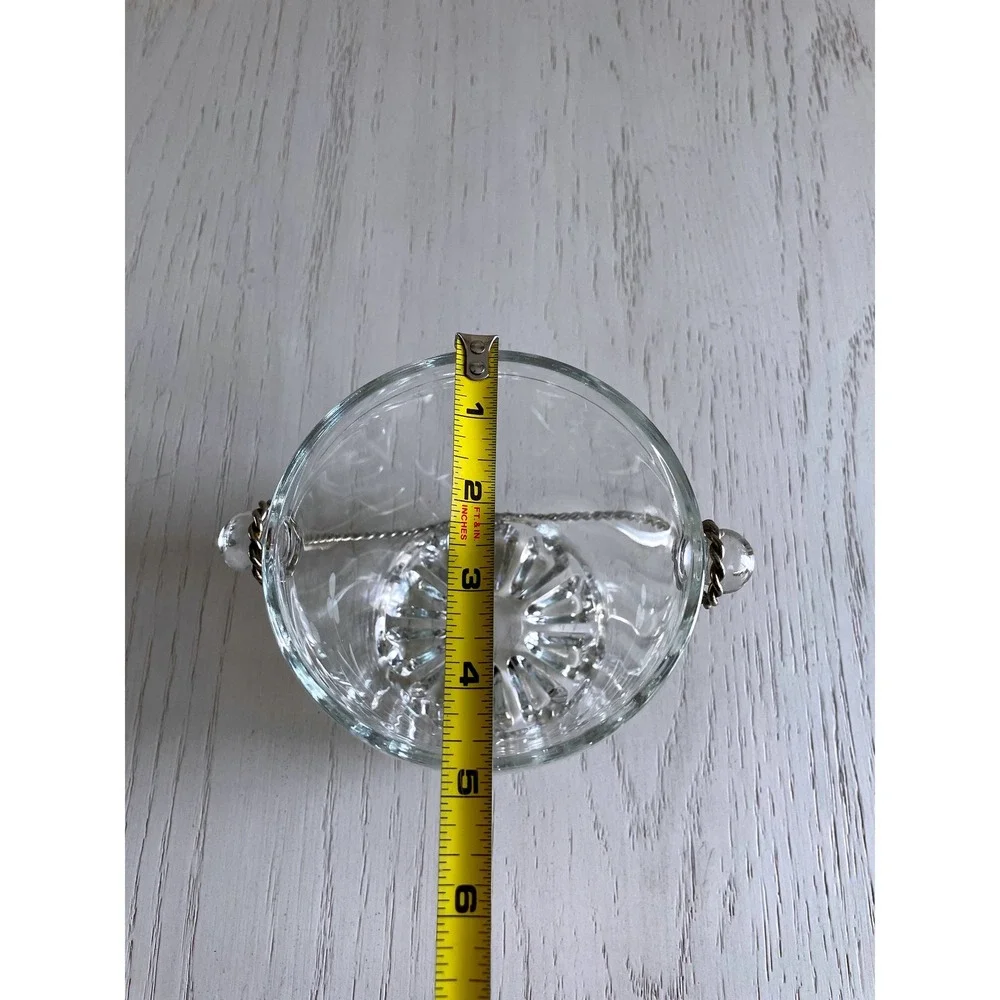 Vintage Midcentury Glass Ice Bucket Etched Floral Design Twisted Metal Handle 5